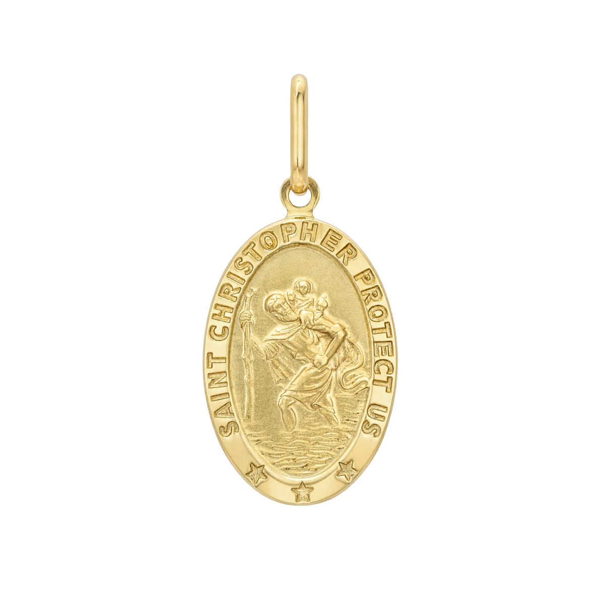 Medium oval Saint Christopher medal charm 14k solid gold with engraved figure and protect us inscription Mama Bijoux Costa Mesa