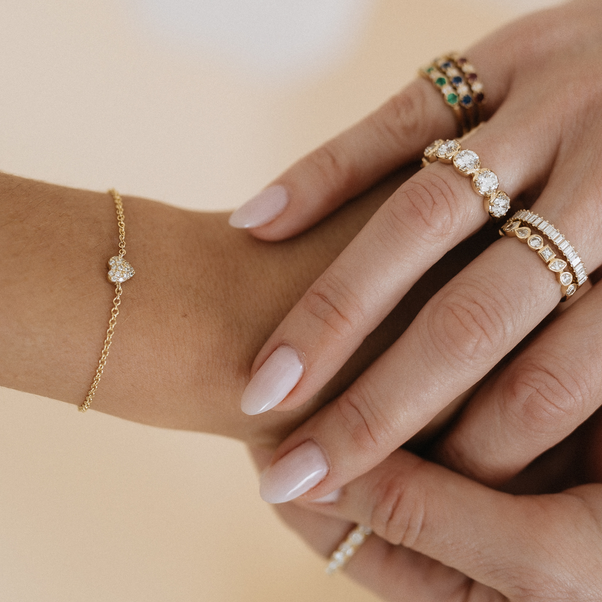 Mom and baby jewelry sets 14k yellow gold diamond bracelet stacking rings eternity band meaningful jewelry gift for new moms push present anniversary jewelry everyday fine jewelry Mama Bijoux Costa Mesa