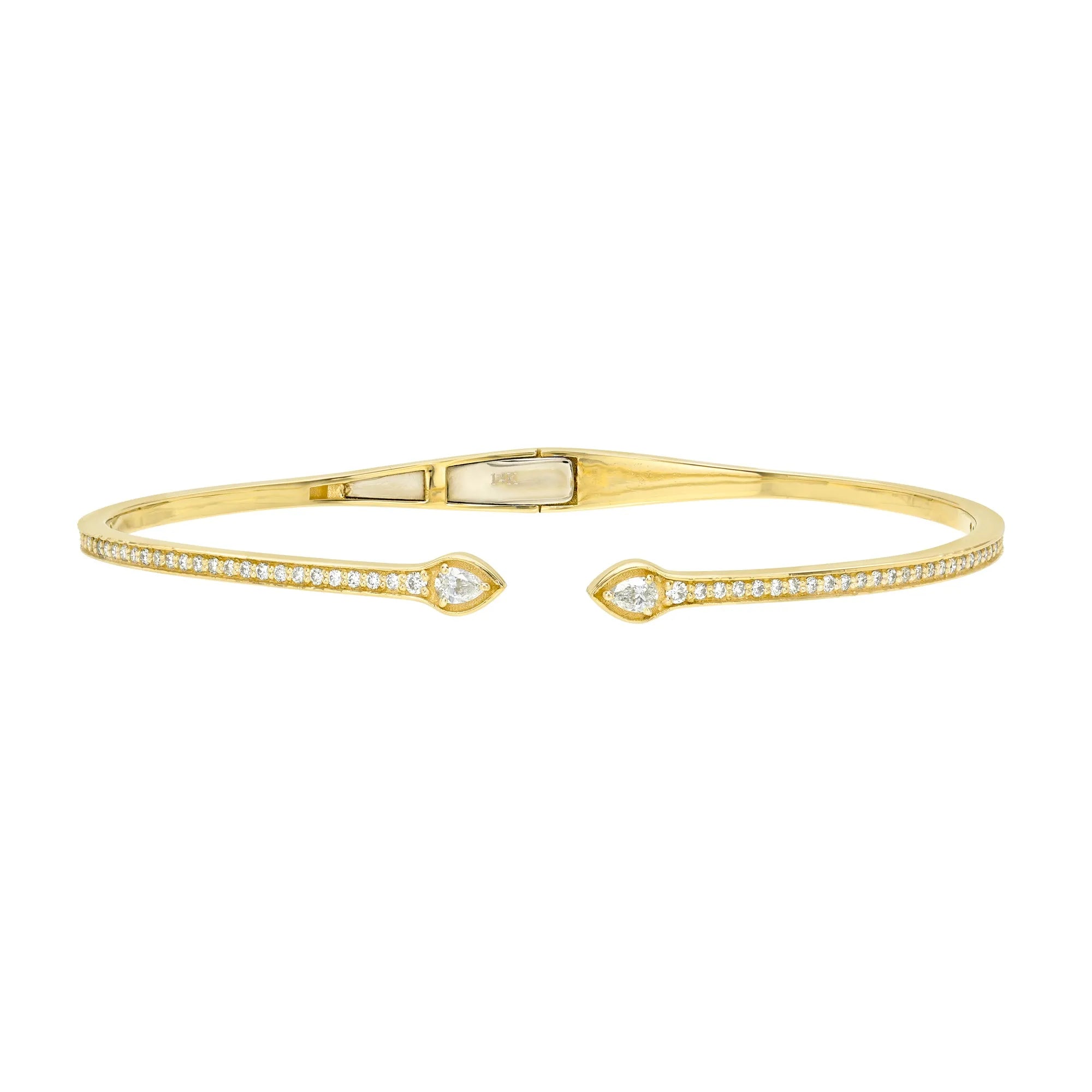 Open cuff pear and round natural diamond bangle bracelet with hinged mechanism 14k yellow gold Mama Bijoux Costa Mesa