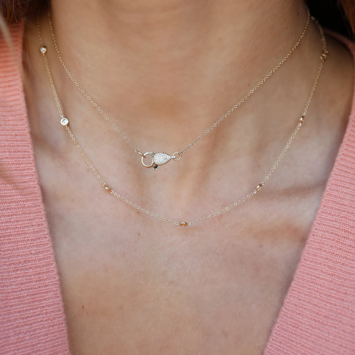 Pavé lobster clasp diamond necklace layered with diamond station necklace 14k yellow gold natural diamonds Mama Bijoux Costa Mesa