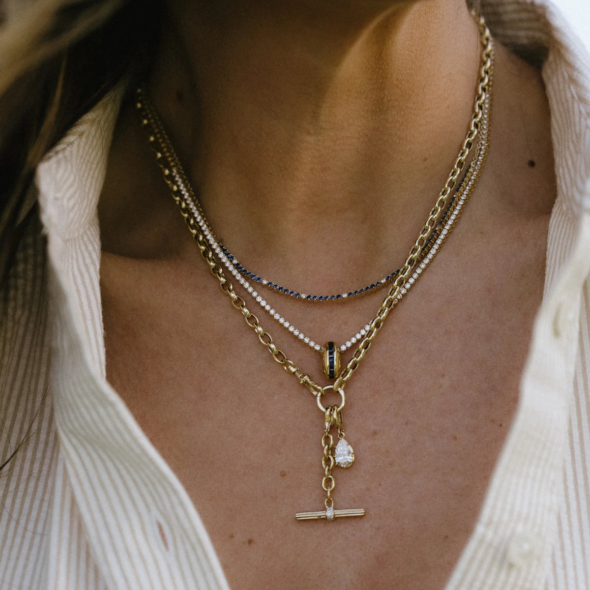 Channel set gemstone bead charm layered with a gold necklace, dainty layered necklace styling by Mama Bijoux Costa Mesa