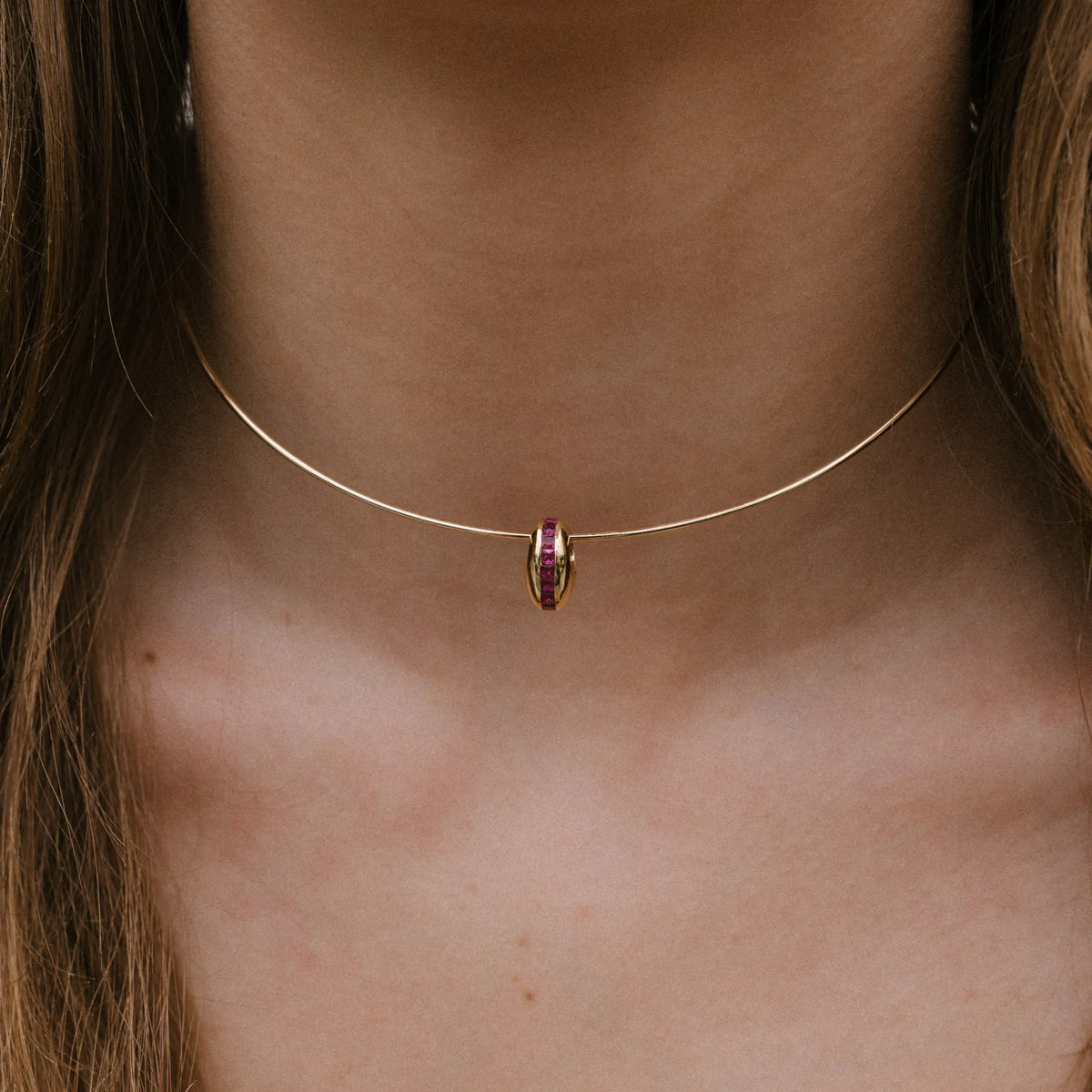 14k yellow gold necklace with channel set ruby puffy bead charm worn close up, dainty necklace by Mama Bijoux Costa Mesa