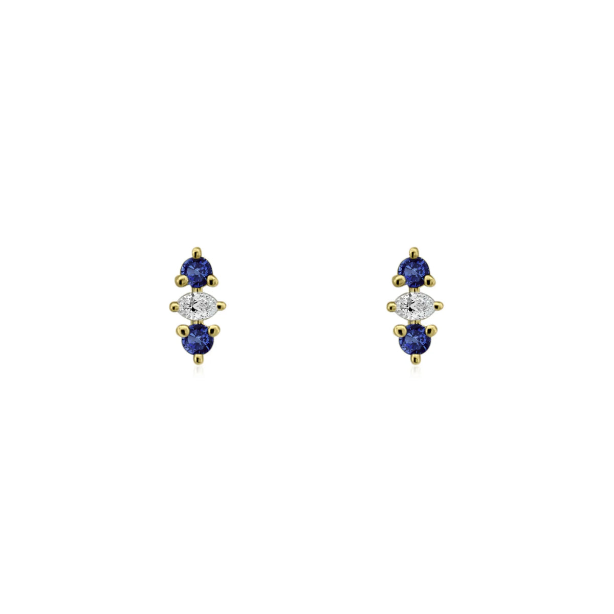 Blue sapphire stud earrings, marquise diamond trio earrings, 14k gold, natural sapphire, natural diamond, fine jewelry, Costa Mesa California, Orange County jewelry
