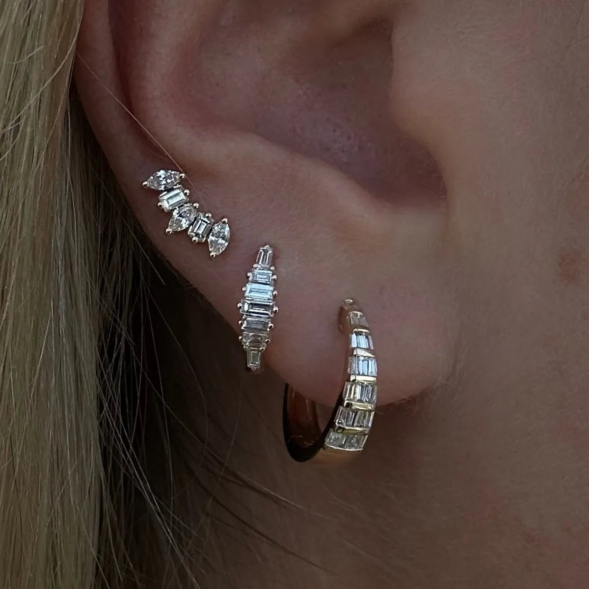 14k Gold & Graduating Diamond Baguette Huggies-Earrings-Mama Bijoux-[14kgold]-[diamonds]-[heirloom_quality]-MamaBijoux