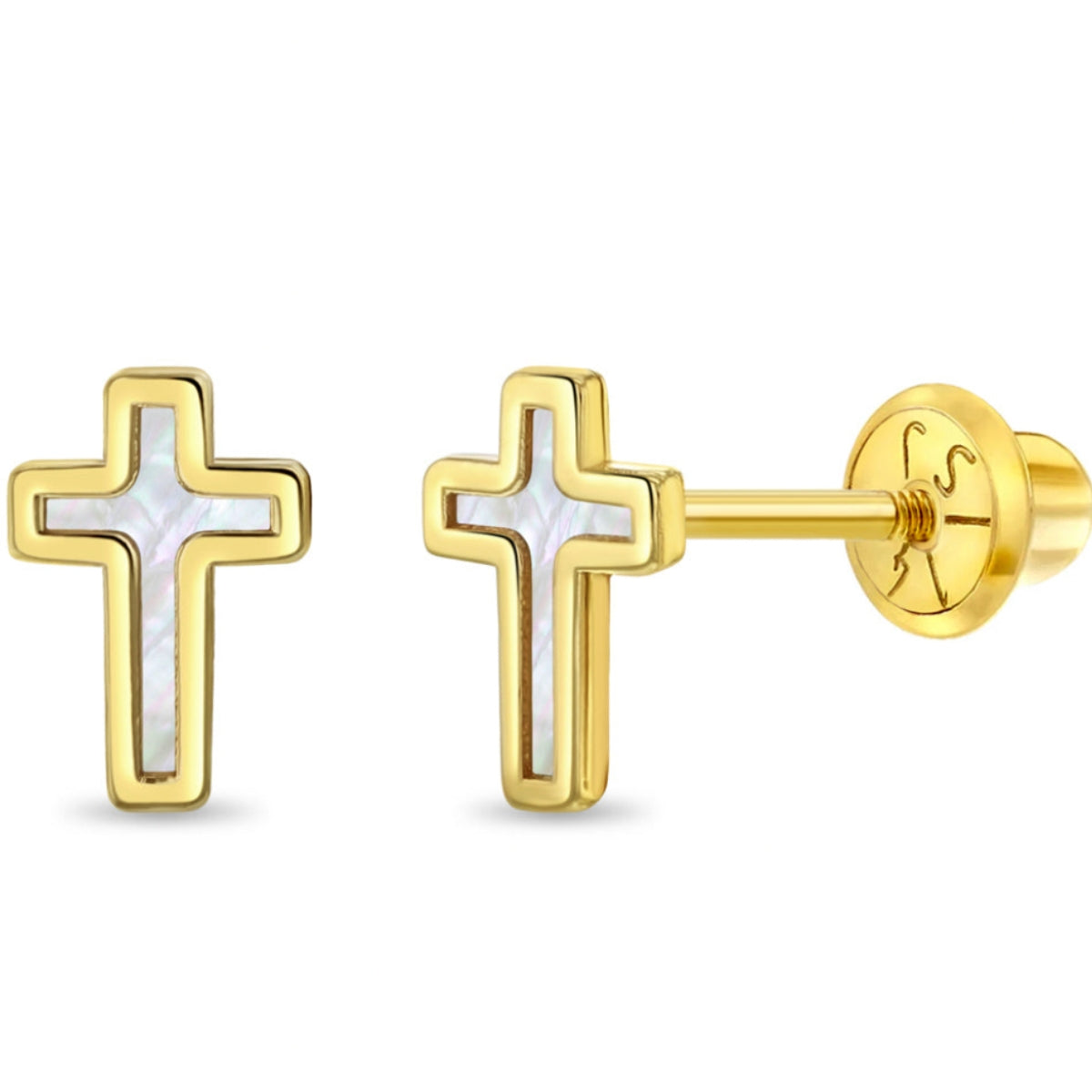 14k Gold & Mother of Pearl Cross Kids Stud Earrings-Earrings-Mama Bijoux-[14kgold]-[diamonds]-[heirloom_quality]-MamaBijoux