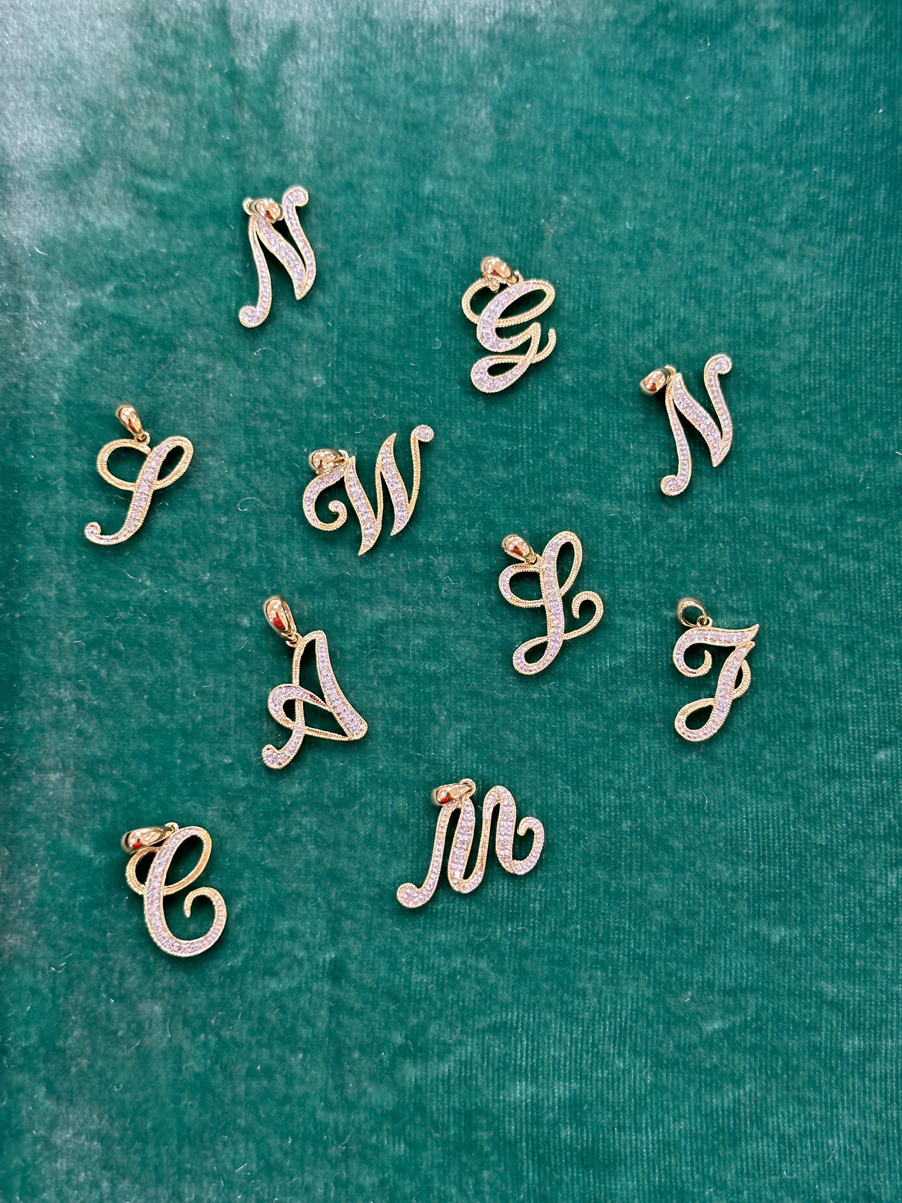 14k Gold Vintage Script Diamond Letter Charms-Charms & Pendants-Mama Bijoux-[14kgold]-[diamonds]-[heirloom_quality]-MamaBijoux