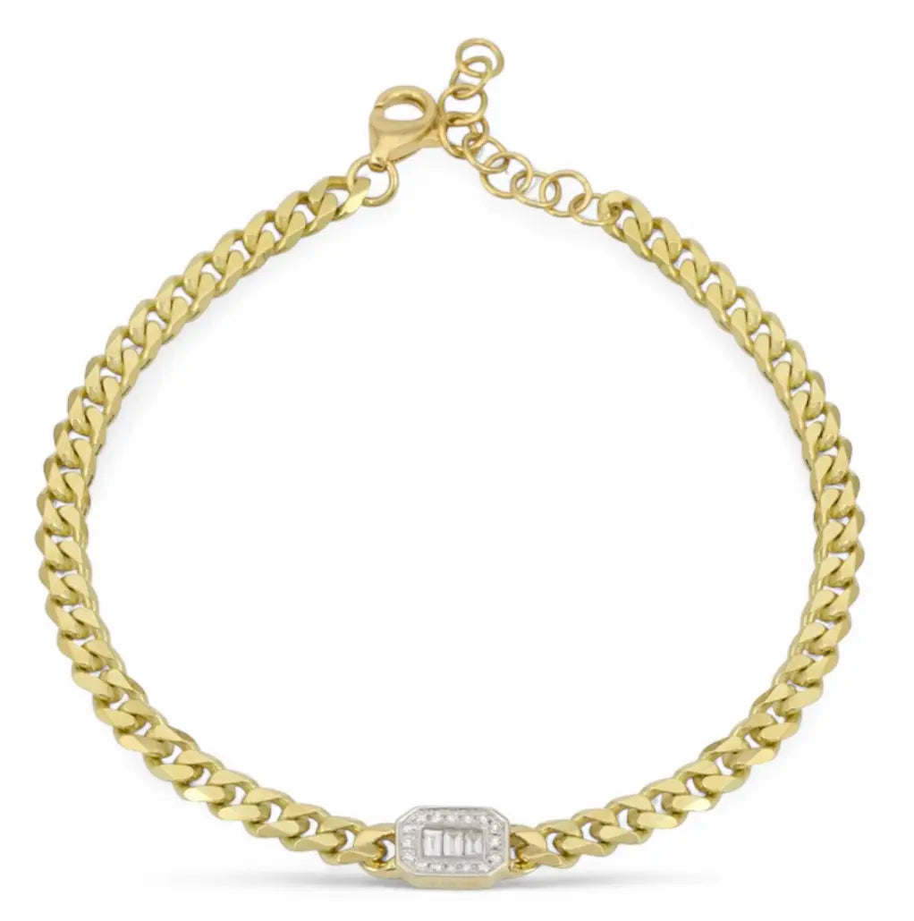 14k Gold Curb Chain & Emerald Diamond Illusion Bracelet Yellow Gold Natural Diamond Mama Bijoux Fine Jewelry 