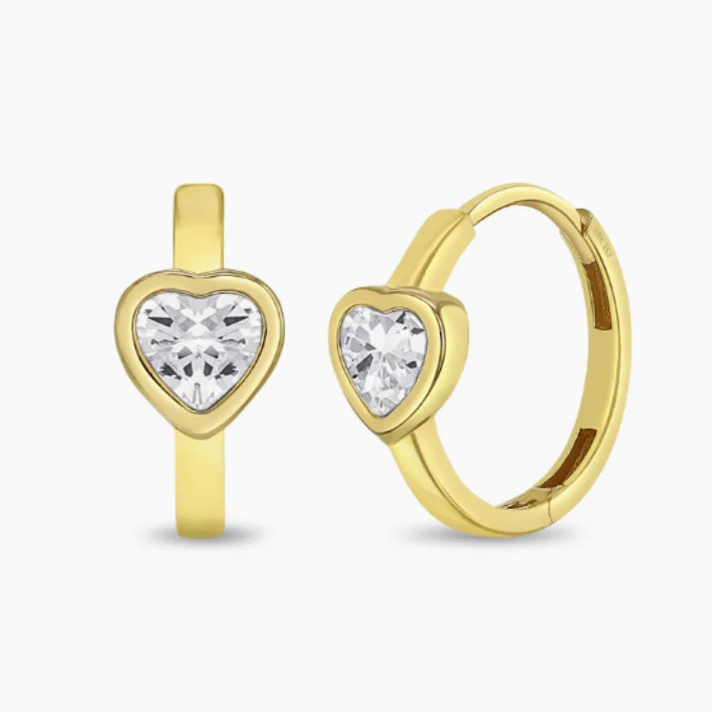 Gold heart-shaped hoop earrings on a white background