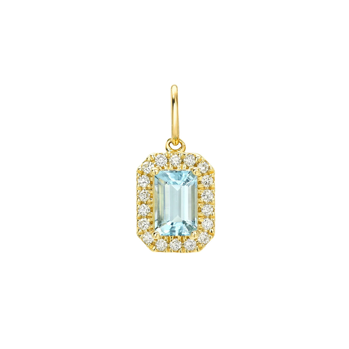 14k yellow gold aquamarine charm with emerald cut center stone and diamond halo, fine jewelry charm by Mama Bijoux Costa Mesa