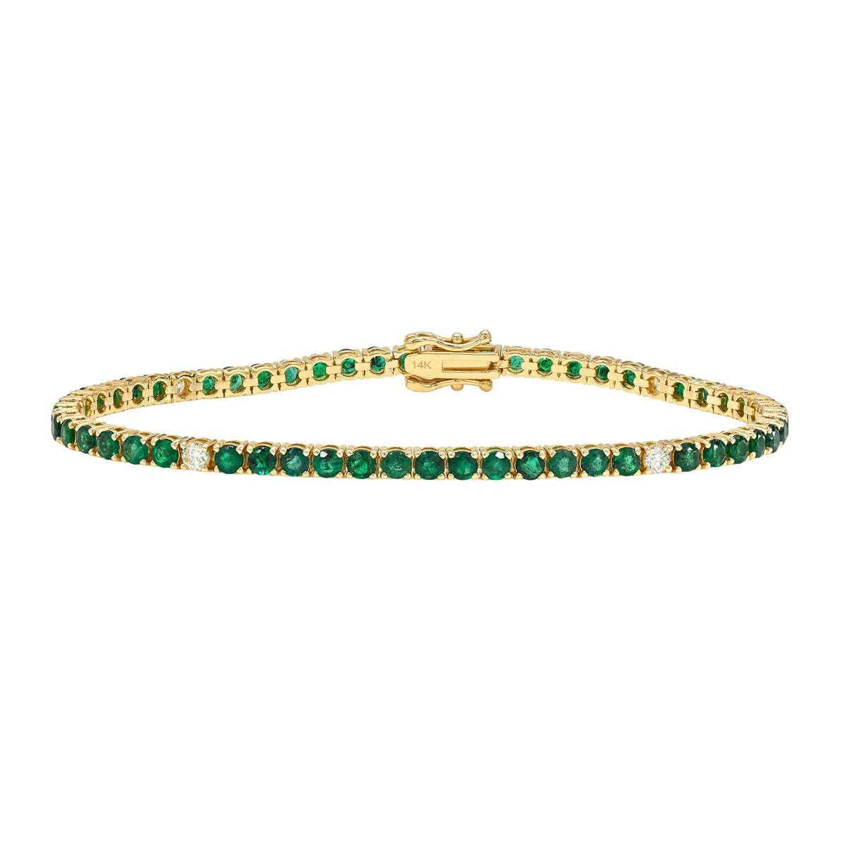 14k yellow gold tennis bracelet with round natural emeralds and diamonds in a four prong setting, fine jewelry by Mama Bijoux Costa Mesa