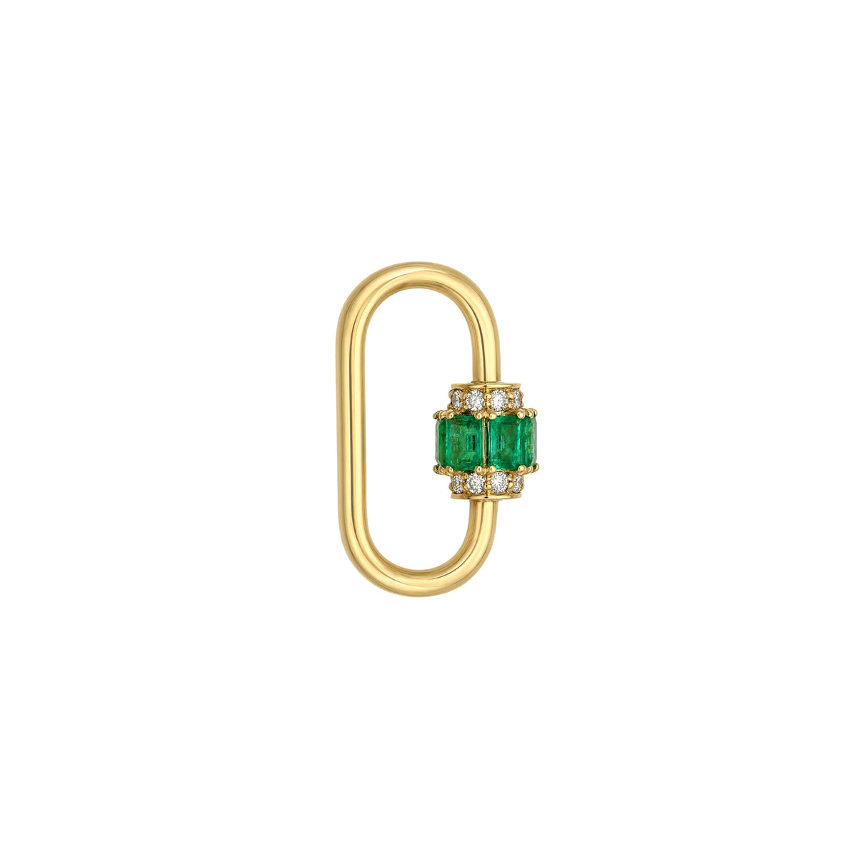 14k yellow gold oval carabiner charm holder with emerald gemstone accent, charm connector by Mama Bijoux Costa Mesa