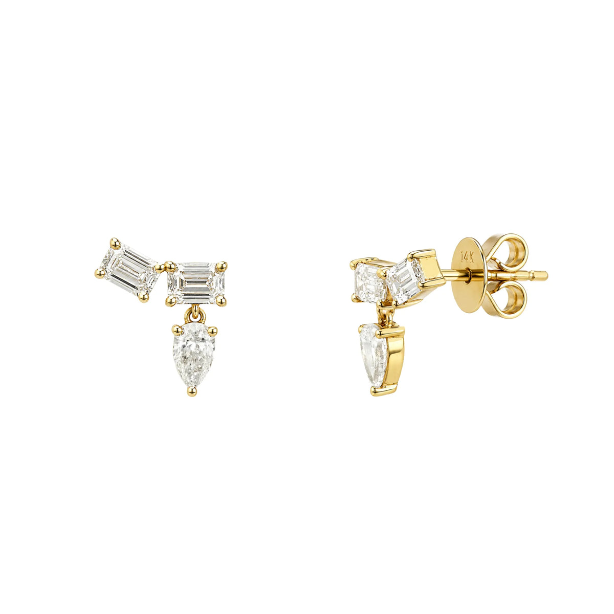 14k yellow gold ear crawler with emerald cut and pear cut lab grown diamonds, sold as a single, fine jewelry by Mama Bijoux Costa Mesa
