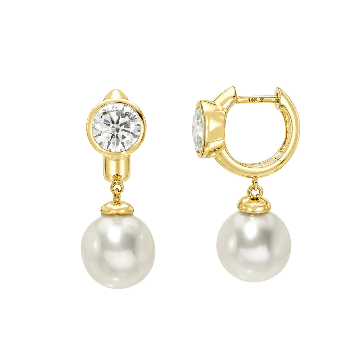 14k yellow gold lab diamond huggie earrings with natural pearl drop, fine jewelry huggies by Mama Bijoux Costa Mesa