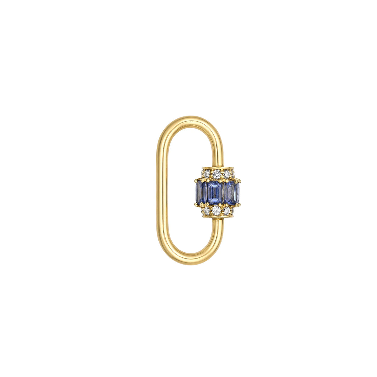 14k yellow gold oval carabiner charm holder with light blue sapphire accent, charm connector by Mama Bijoux Costa Mesa
