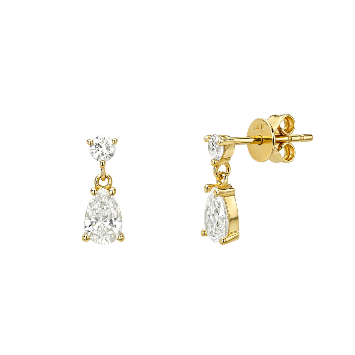 14k yellow gold dangle stud earrings with pear cut lab grown diamond drop, fine jewelry by Mama Bijoux Costa Mesa