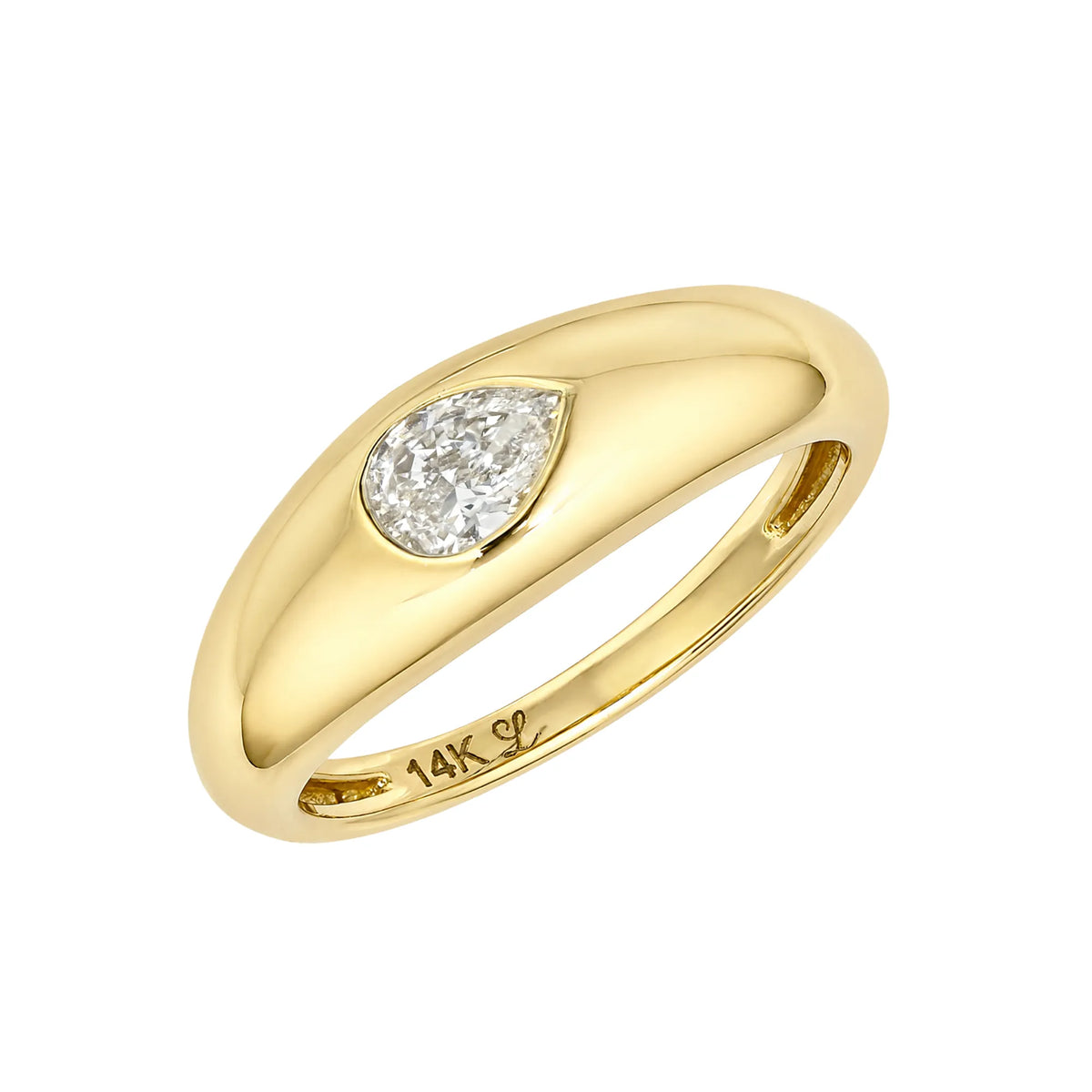 14k yellow gold pinky ring with pear cut lab diamond in a solitaire setting, fine jewelry by Mama Bijoux Costa Mesa