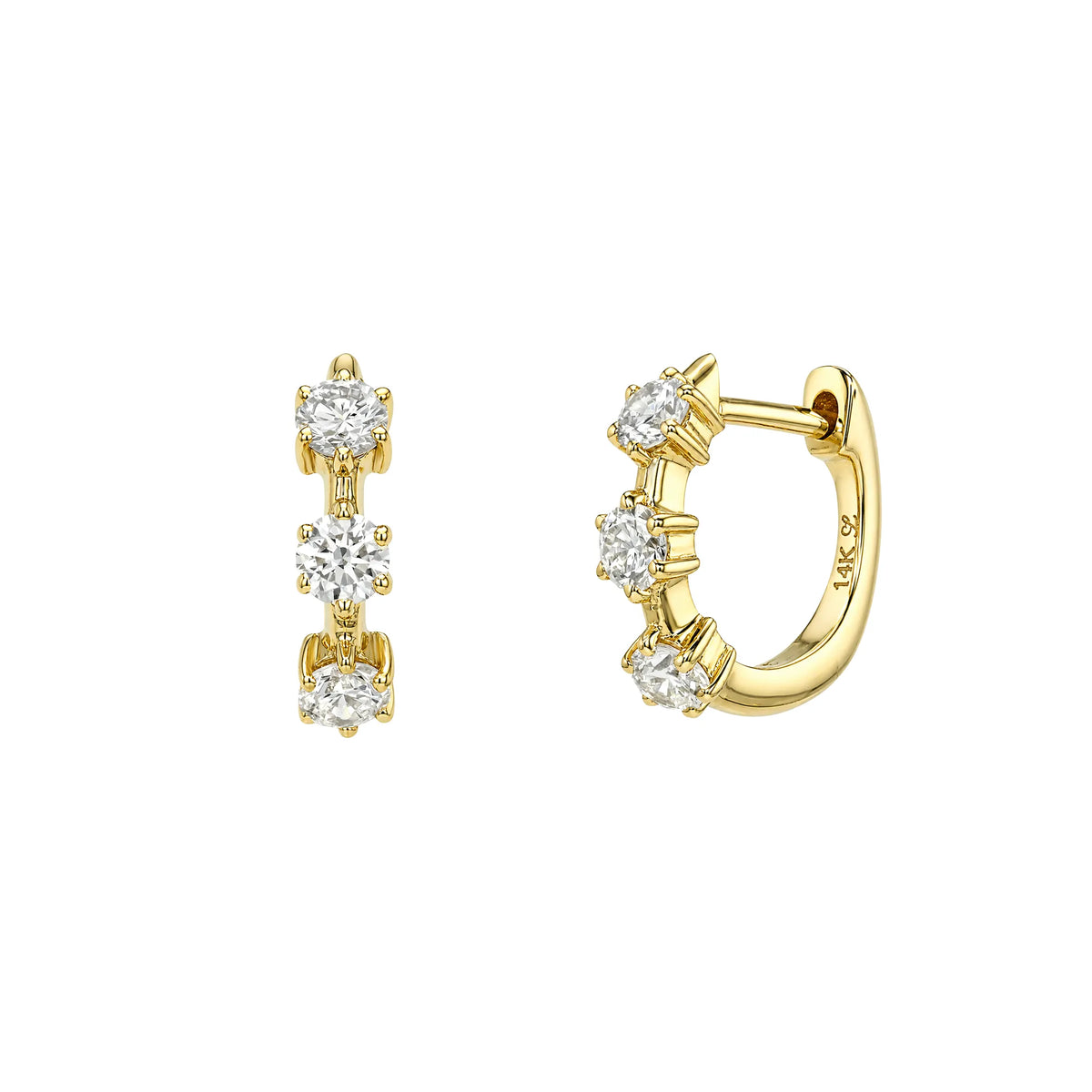14k yellow gold huggie earrings with three scattered lab diamonds, fine jewelry huggies by Mama Bijoux Costa Mesa
