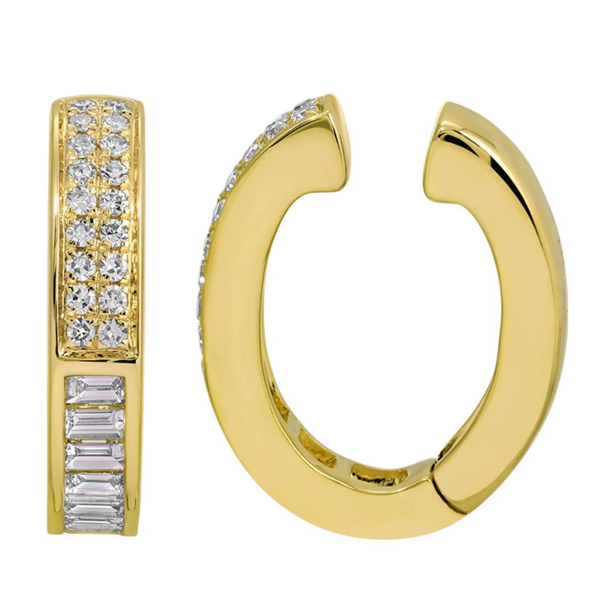 14k yellow gold half pave and baguette diamond ear cuff, flatlay on white background, Mama Bijoux, Costa Mesa