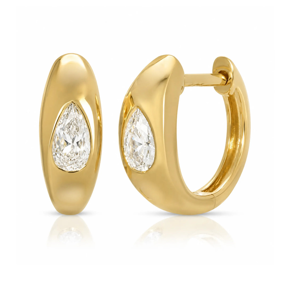 14k yellow gold huggie earrings with bezel-set pear shape lab grown diamond inlay, handmade fine jewelry by Mama Bijoux Costa Mesa Orange County
