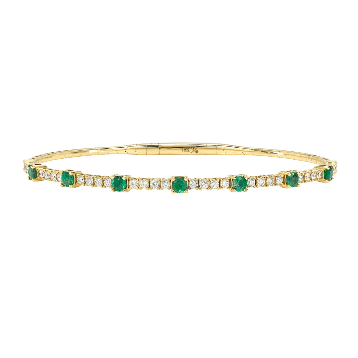 18k yellow gold flexible tennis bangle with alternating emeralds, sapphires, and diamonds, fine jewelry by Mama Bijoux Costa Mesa