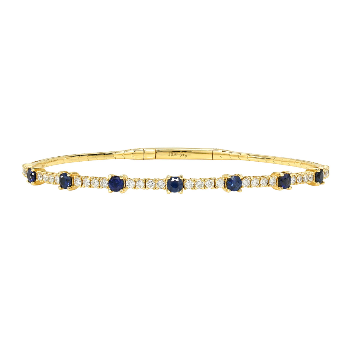 18k yellow gold flexible tennis bangle with blue sapphires and natural diamonds, fine jewelry by Mama Bijoux Costa Mesa