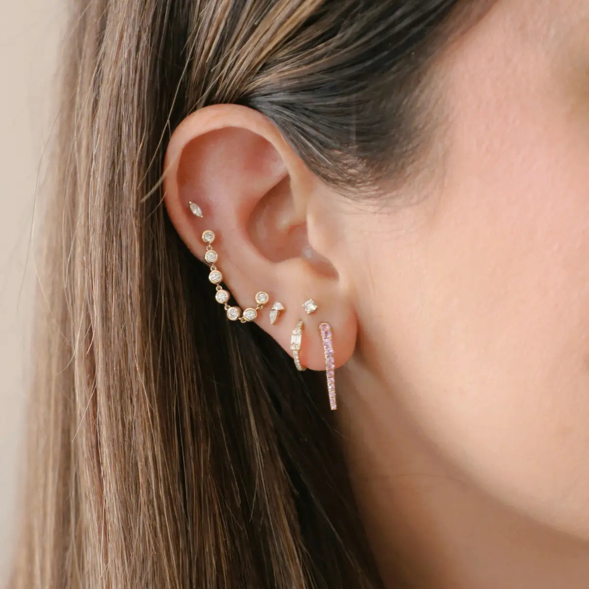 Diamond Bezel Double Piercing Chain Studs (Sold as Singles)