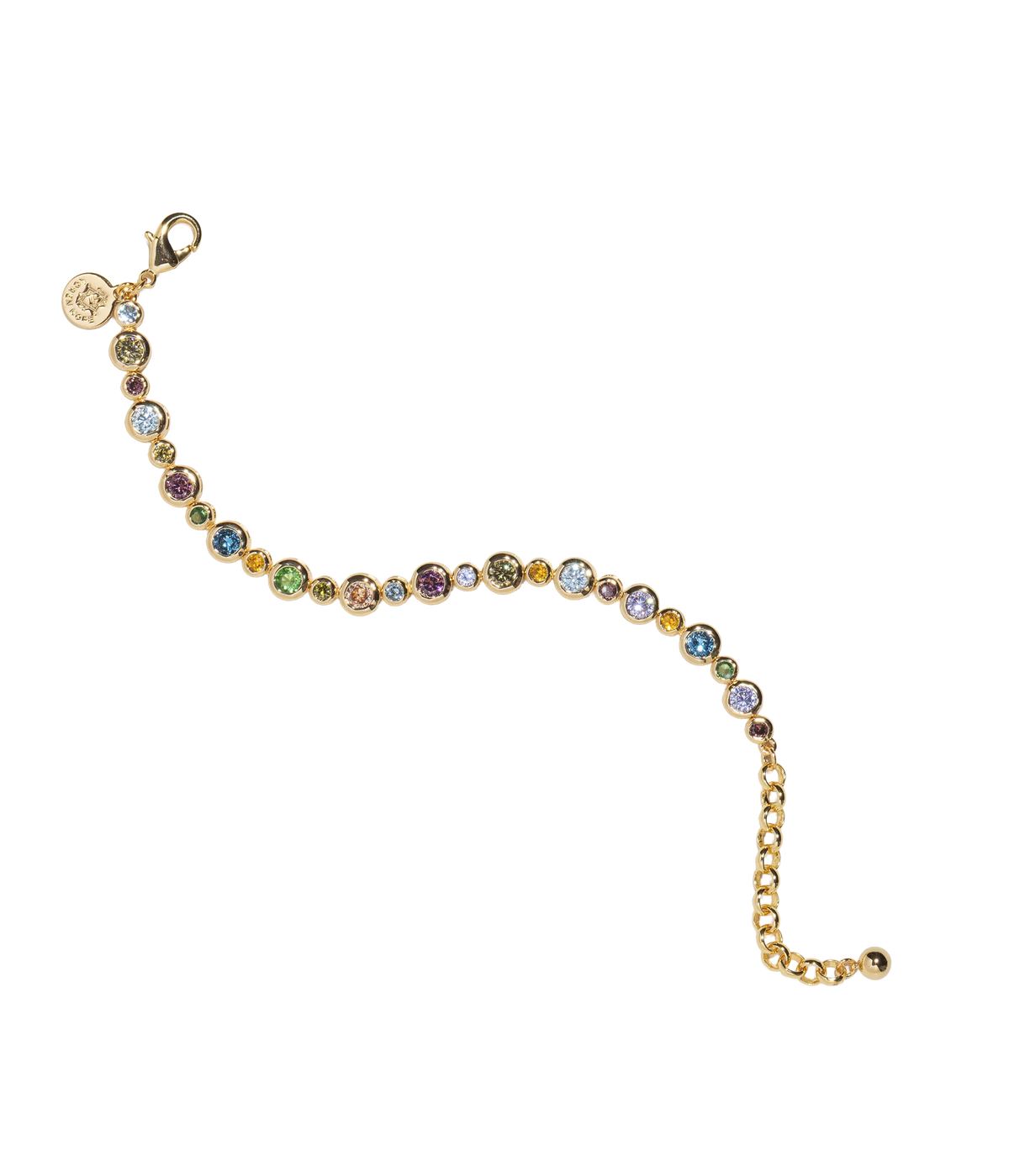 Layla Bracelet, gold-finish line bracelet with an ombré of multicolor crystals, flat lay front view with clasp and extender chain