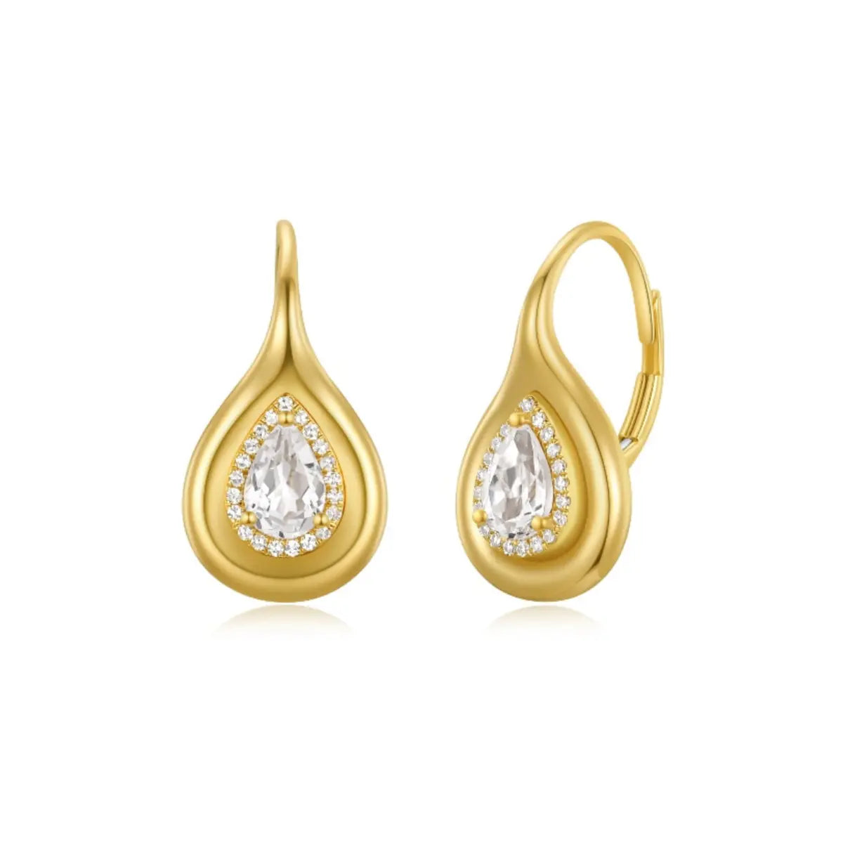 Bijoux Gumdrop Earrings Pear Shape Mama Bijoux Fine Jewelry 14k yellow gold natural diamonds and white topaz