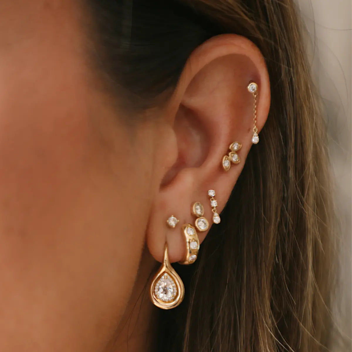 Bijoux Gumdrop Earrings Pear Shape 14k yellow gold natural diamonds and white topaz 