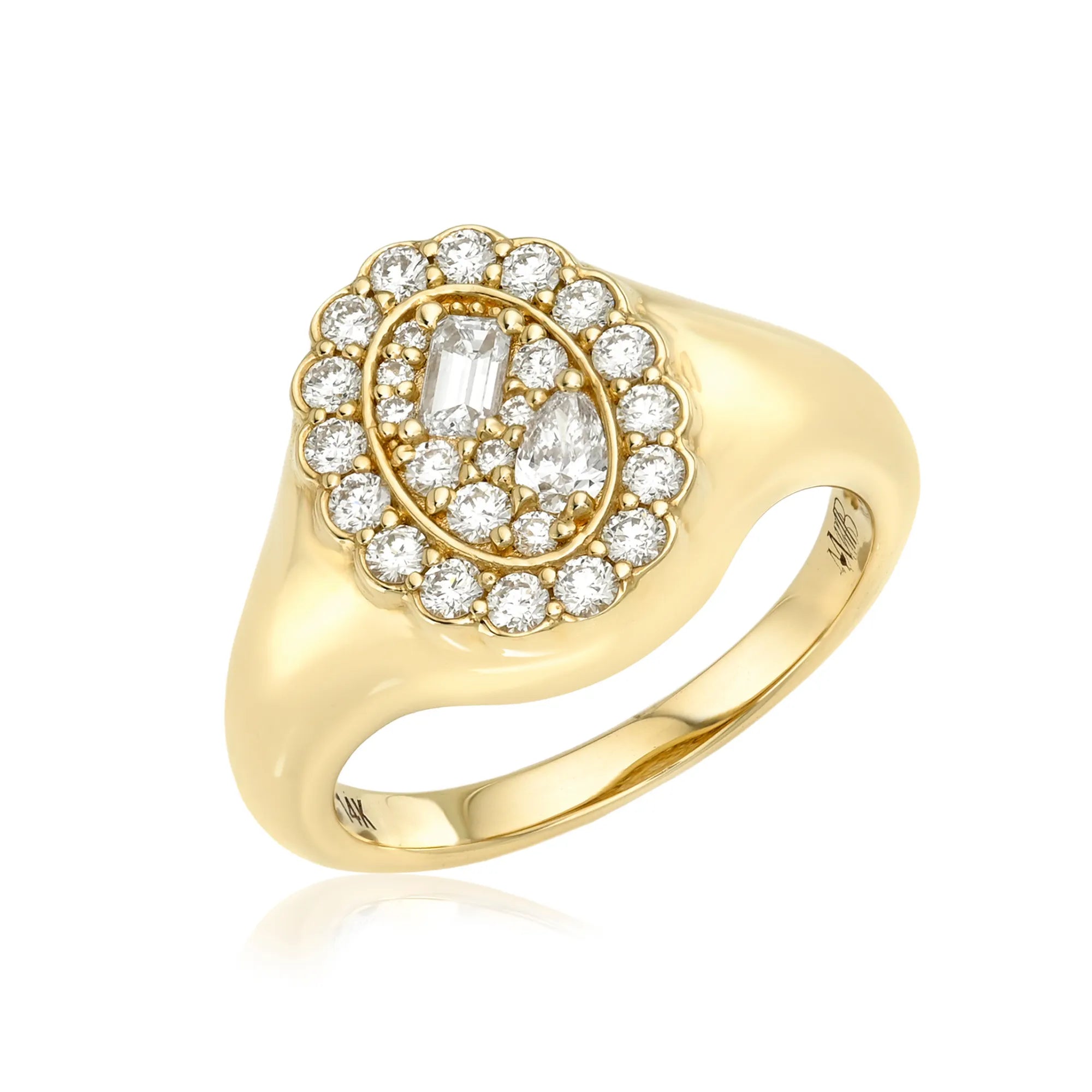 Gold ring with diamond accents on a white background