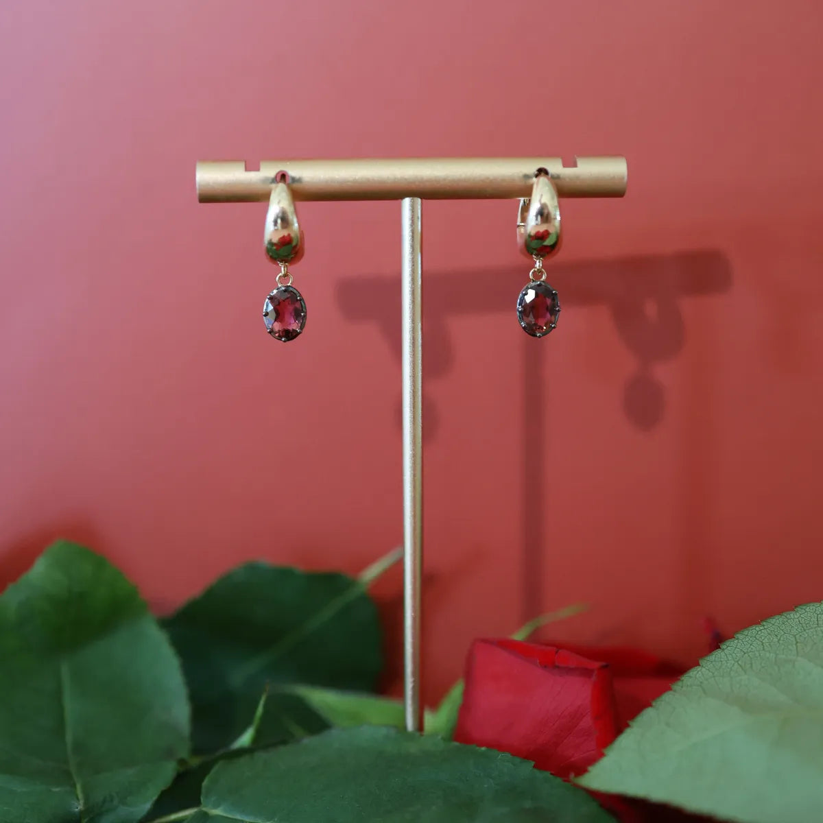 Black Rhodium Plated Garnet Drop Earrings-Earrings-Mama Bijoux