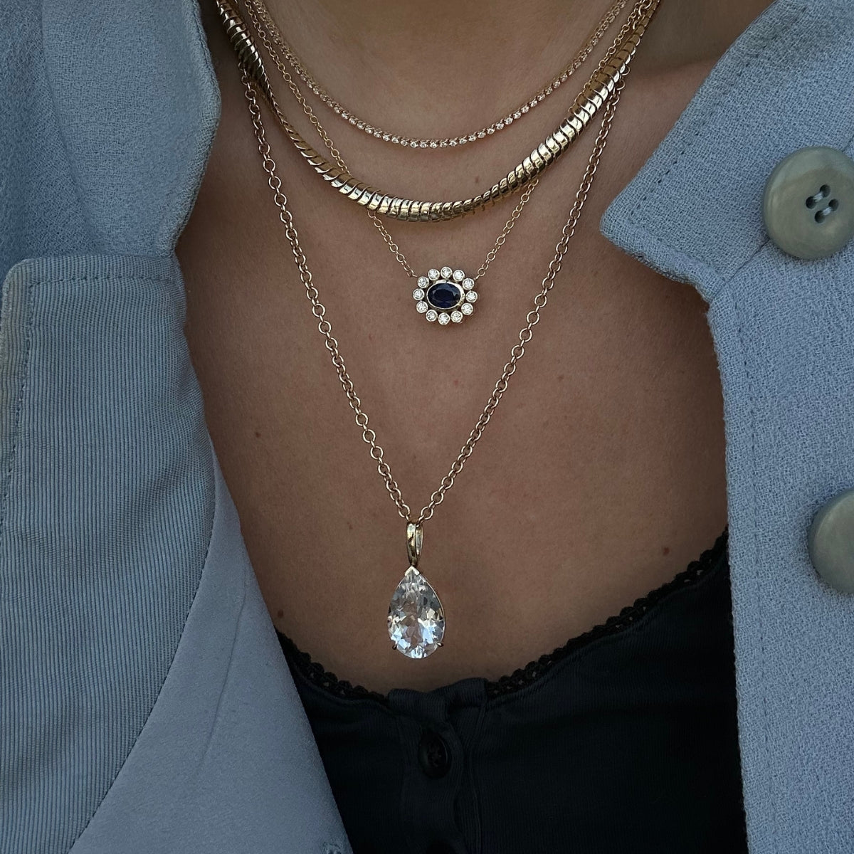 Blue Sapphire Flower Necklace-Necklaces-Mama Bijoux-[14kgold]-[diamonds]-[heirloom_quality]-MamaBijoux