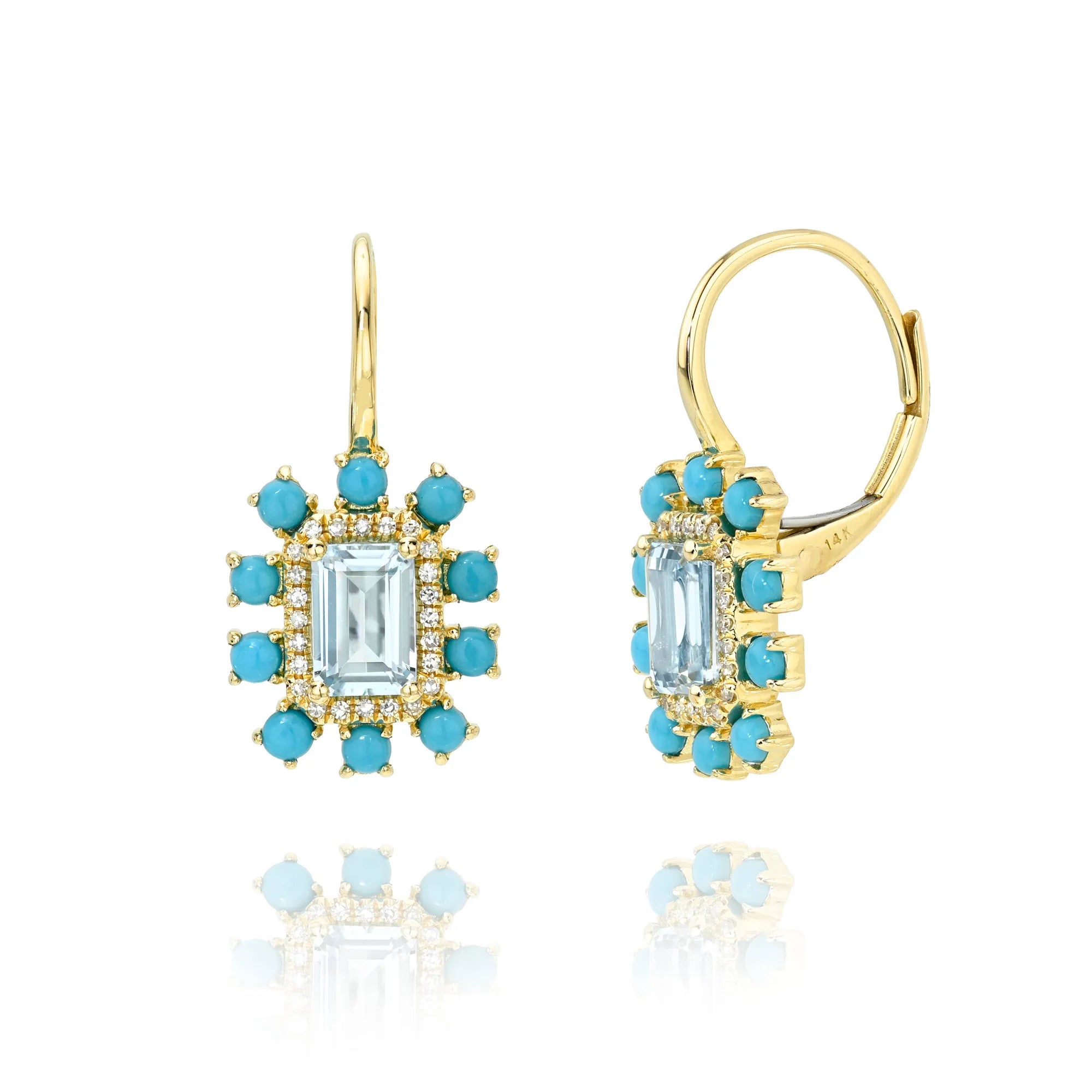 Gold earrings with turquoise stones on a white background