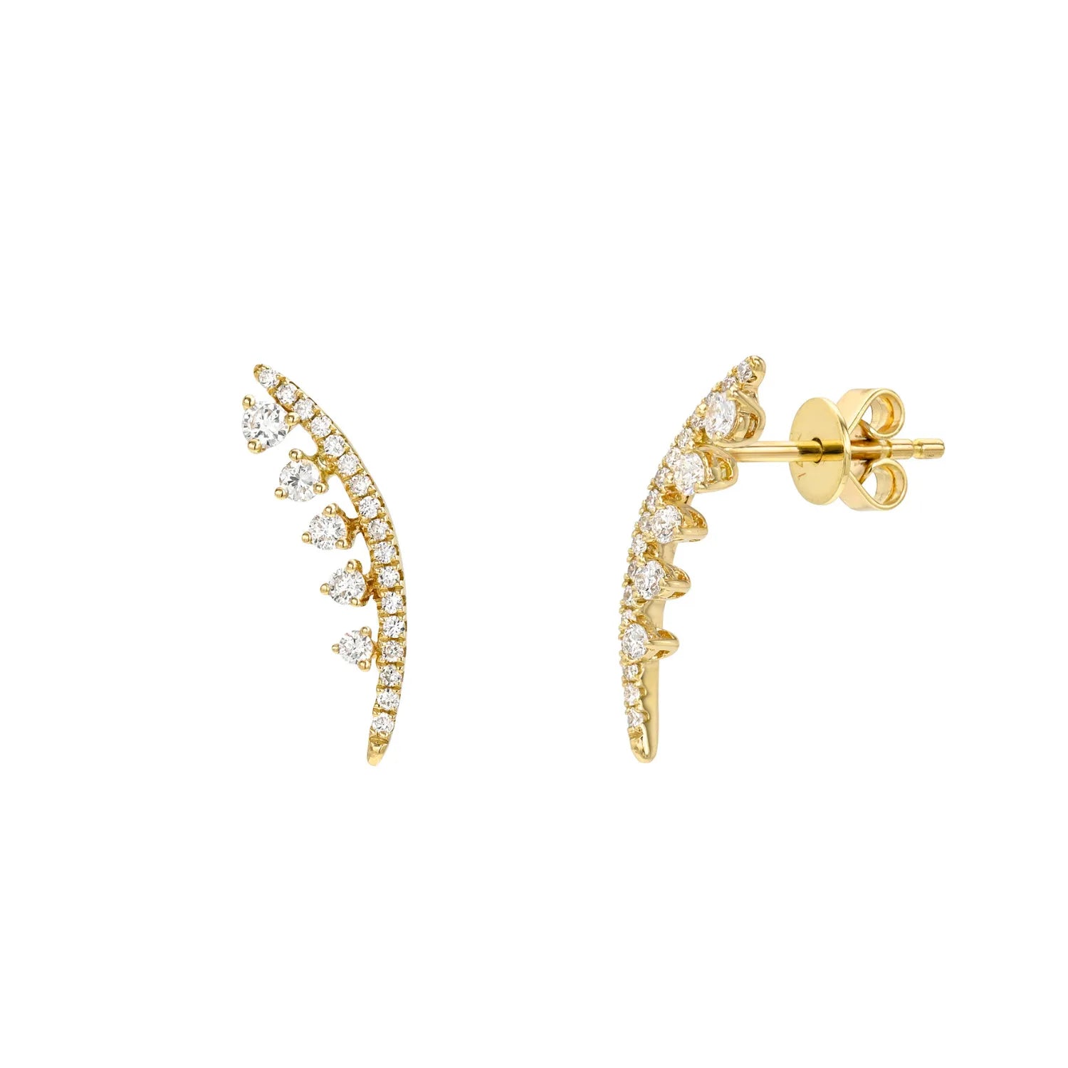 Gold earrings with diamond accents on a white background