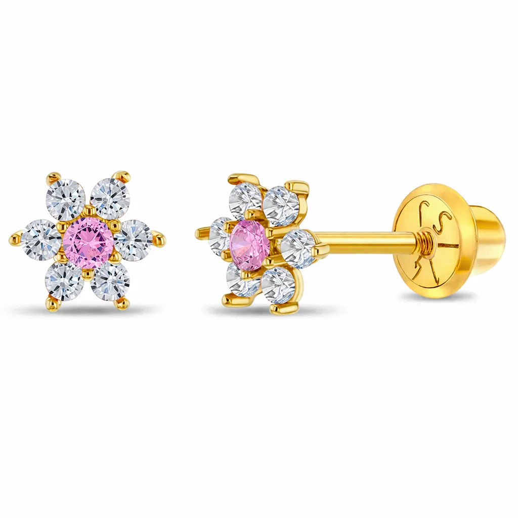 Bijoux Babes: 14K Gold Pink Flower Stud Earrings-Earrings-Mama Bijoux