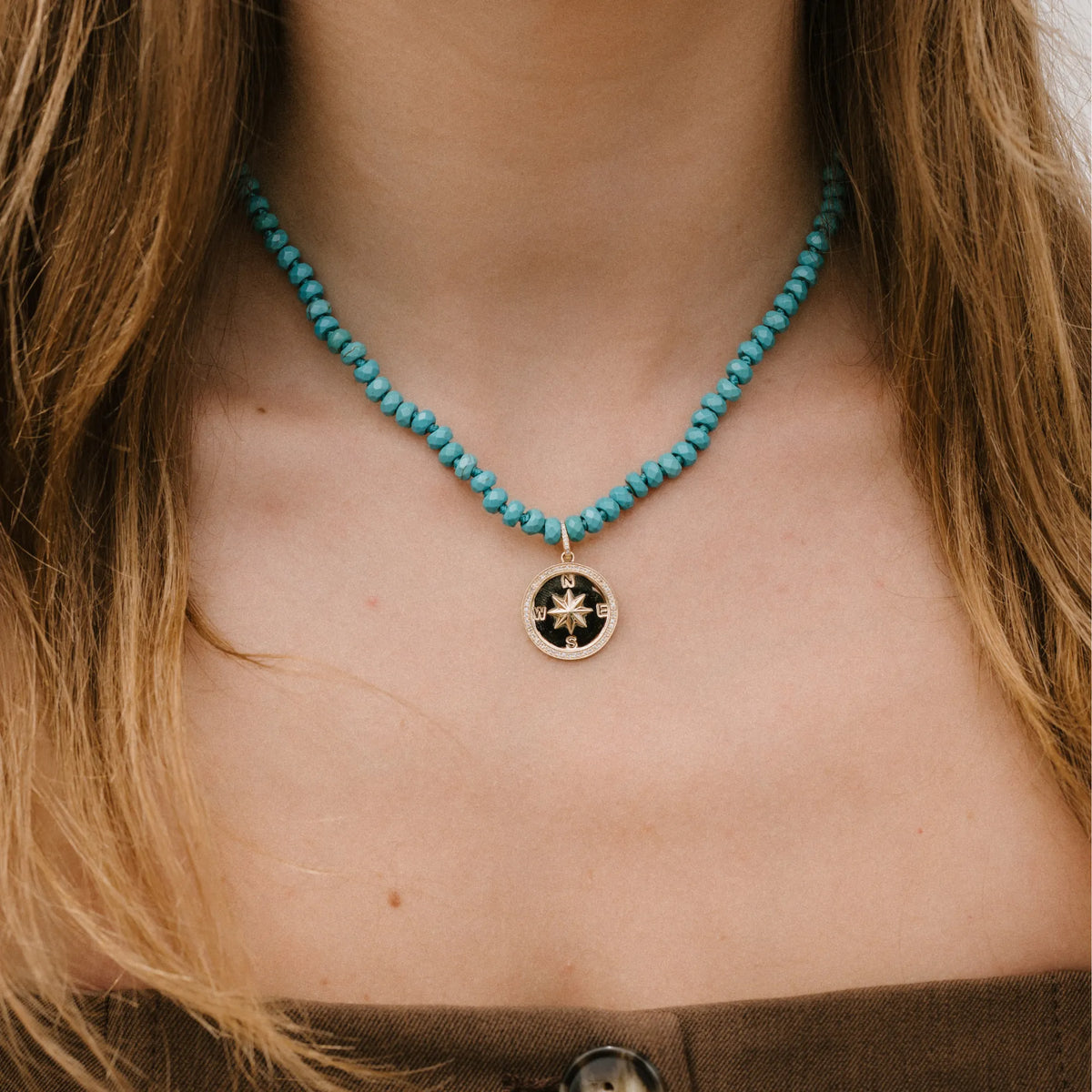 14k gold compass medallion pendant on turquoise beaded chain, meaningful necklace charm Mama Bijoux