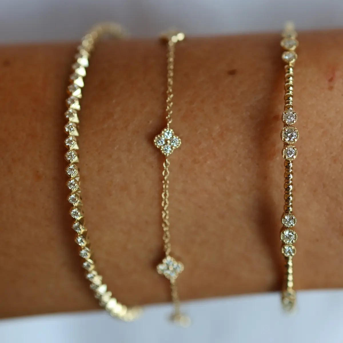 Dainty Diamond Clover Station Bracelet Mama Bijoux Fine Jewelry 14k yellow gold Natural Diamonds