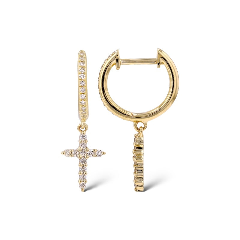 Diamond Cross Charm Huggies-Earrings-Mama Bijoux-[14kgold]-[diamonds]-[heirloom_quality]-MamaBijoux