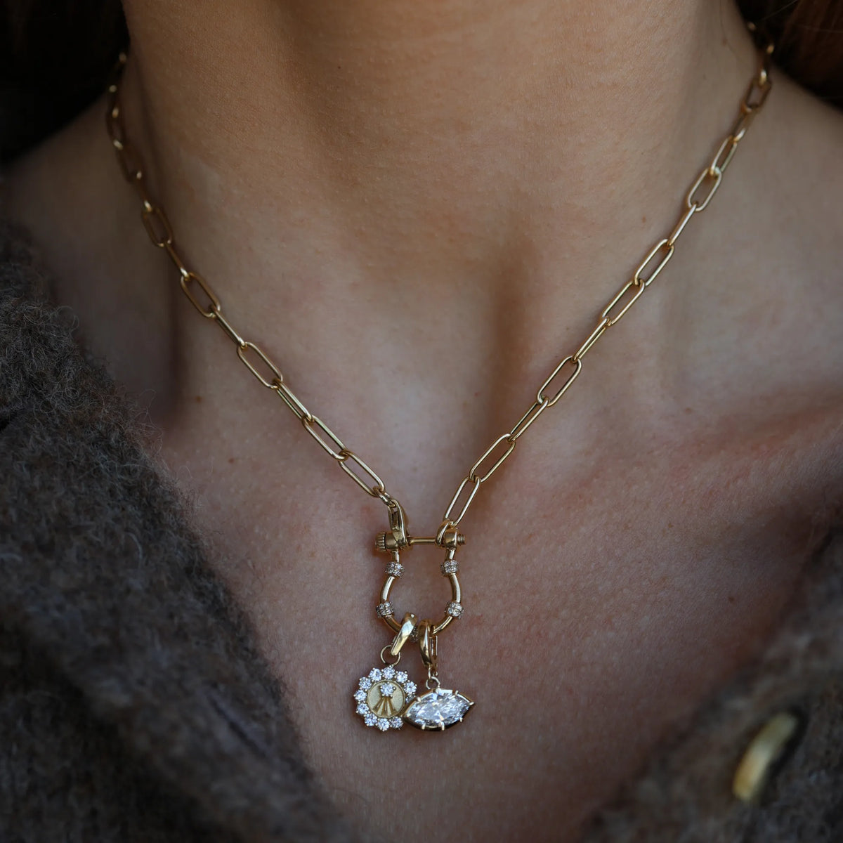 Gold and diamond charm holder styled on layered necklace with pendant, 14k yellow gold, Mama Bijoux Costa Mesa Orange County jewelry