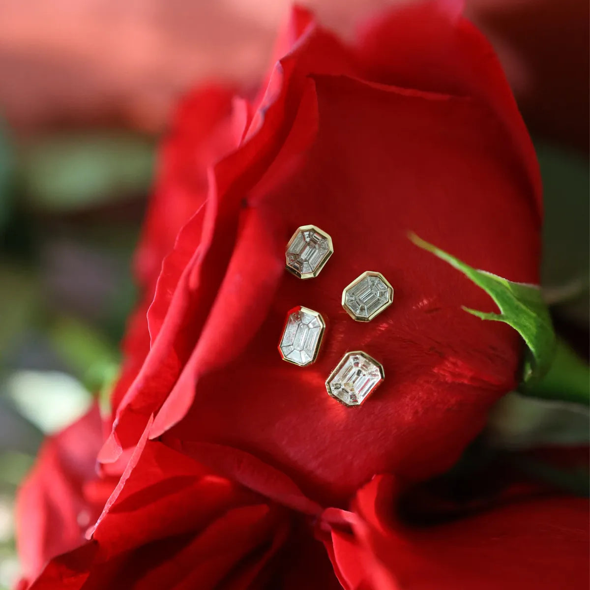 Diamond Mosaic Emerald Shape Bezeled Stud Earrings-Earrings-Mama Bijoux