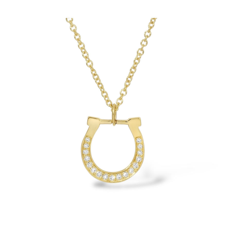 Necklace featuring horseshoe pendant with pavé diamonds Mama Bijoux Fine Jewelry 14k Yellow Gold 