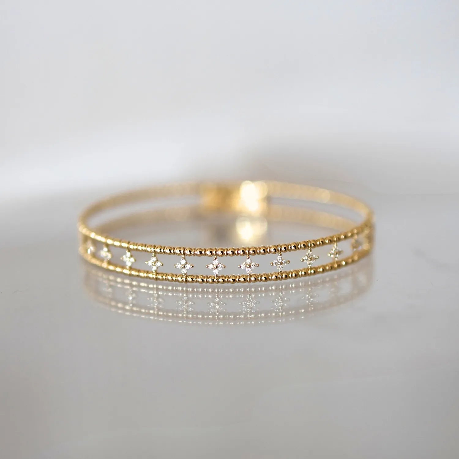 Double Row Diamond & Gold Bead Flexible Bangle-Bracelets-Mama Bijoux
