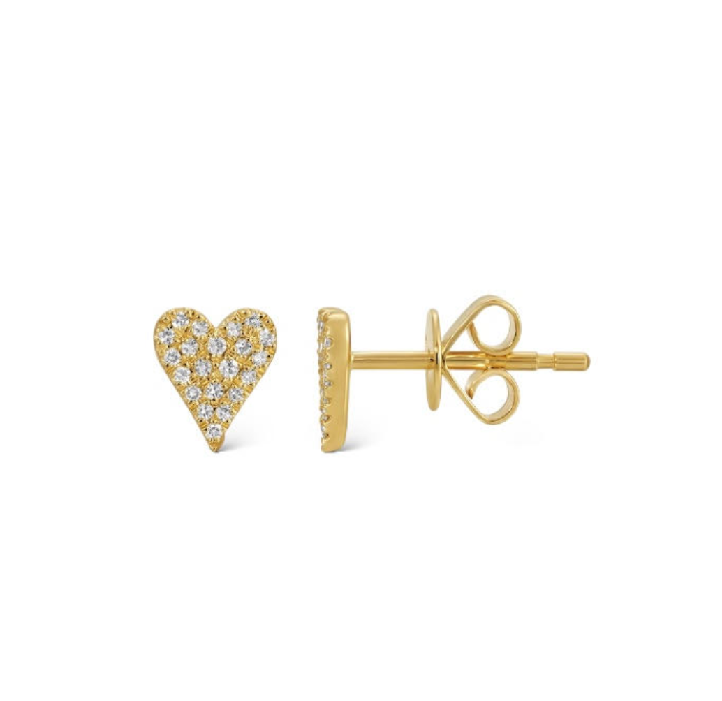 Pavé Diamond Heart Shaped Stud Earrings Mama Bijoux Fine Jewelry 14k Yellow Gold 