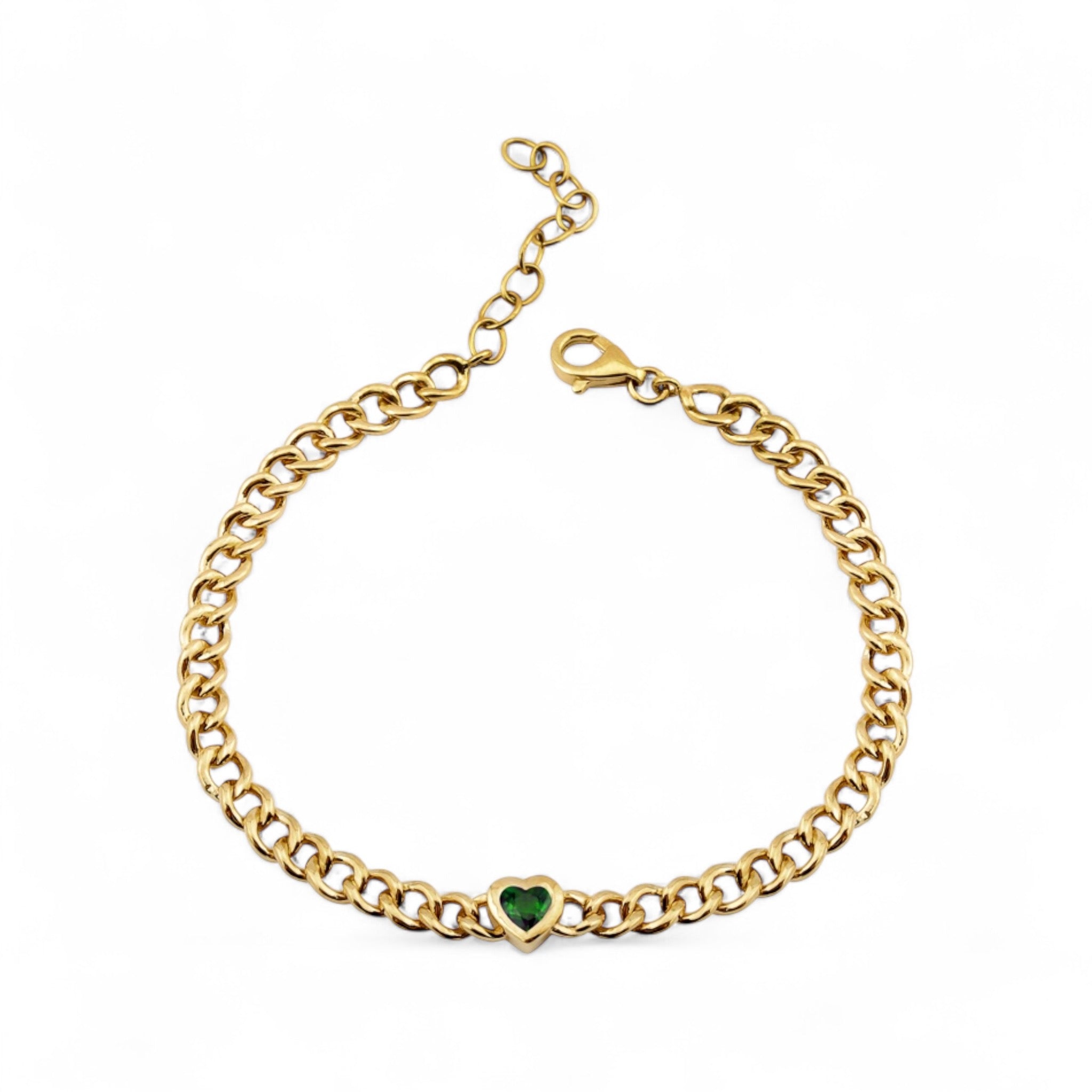 mama bijoux fine jewelry emerald heart curb chain bracelet solid 14k yellow gold 