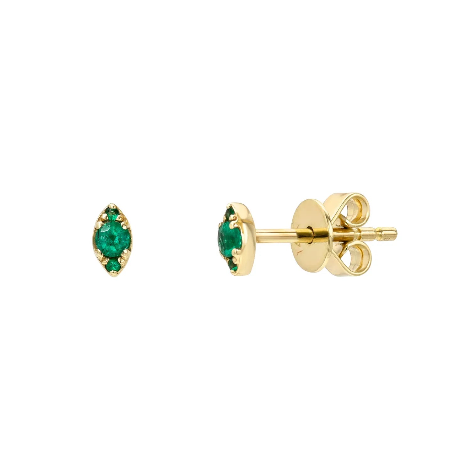 Gold earrings with green gemstones on a white background