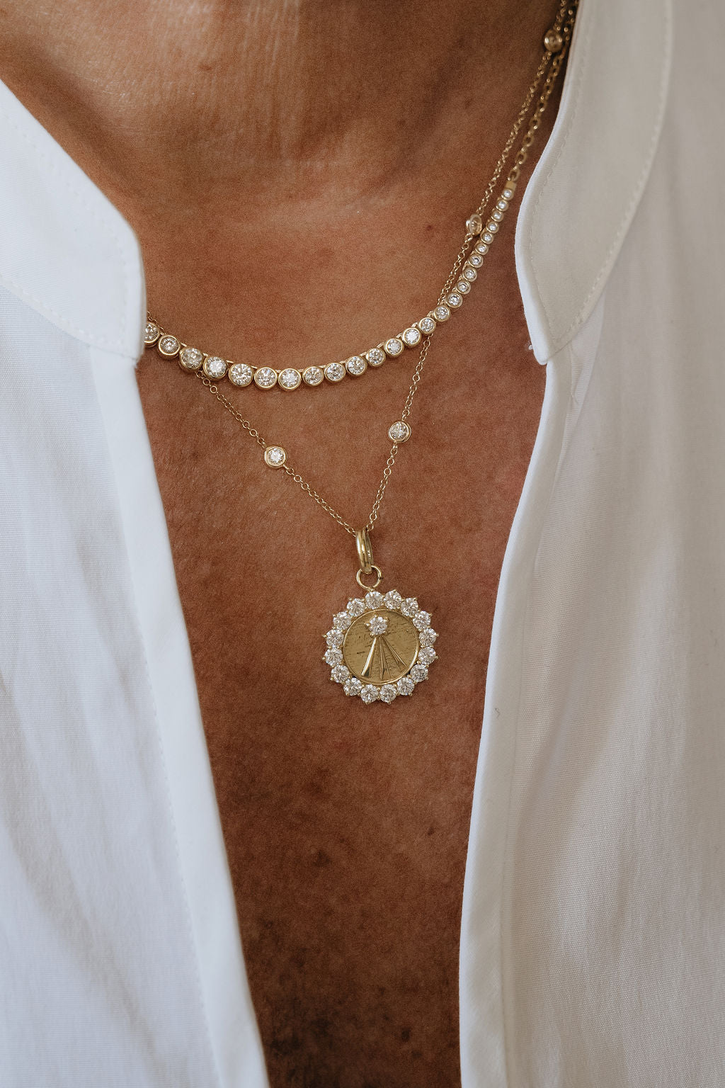 Graduated Bezel Half Diamond Tennis Necklace-Necklaces-Mama Bijoux-[14kgold]-[diamonds]-[heirloom_quality]-MamaBijoux