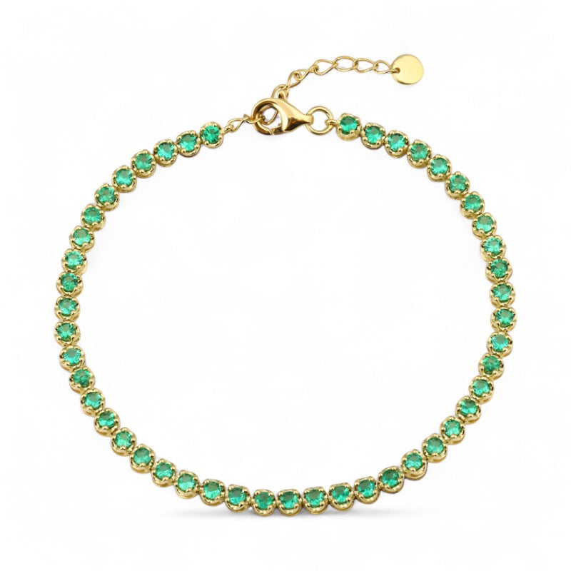 Mama bijoux fine jewelry green emerald tennis bracelet crown setting 14k yellow gold