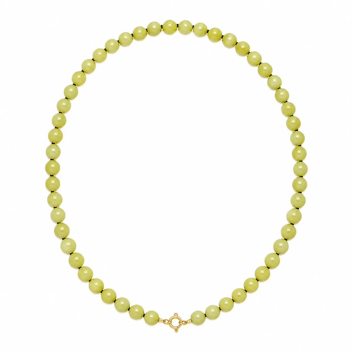 Lime green agate beaded necklace with a gold spring-ring clasp, flat lay front view