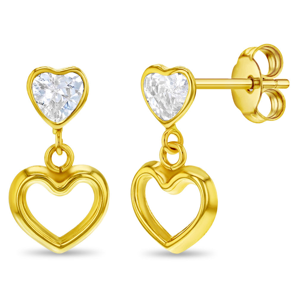 14k Gold Kids CZ Dangle Heart Studs