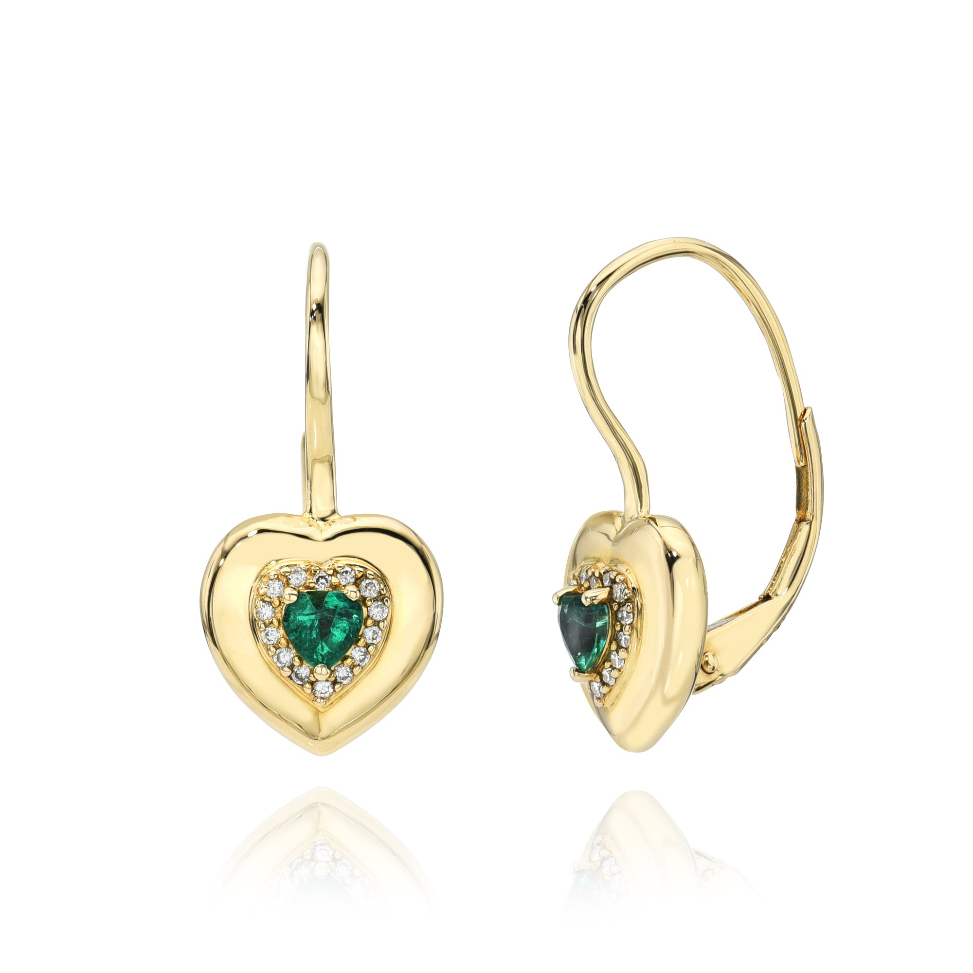 Diamond and Emerald Heart Leverback Earrings